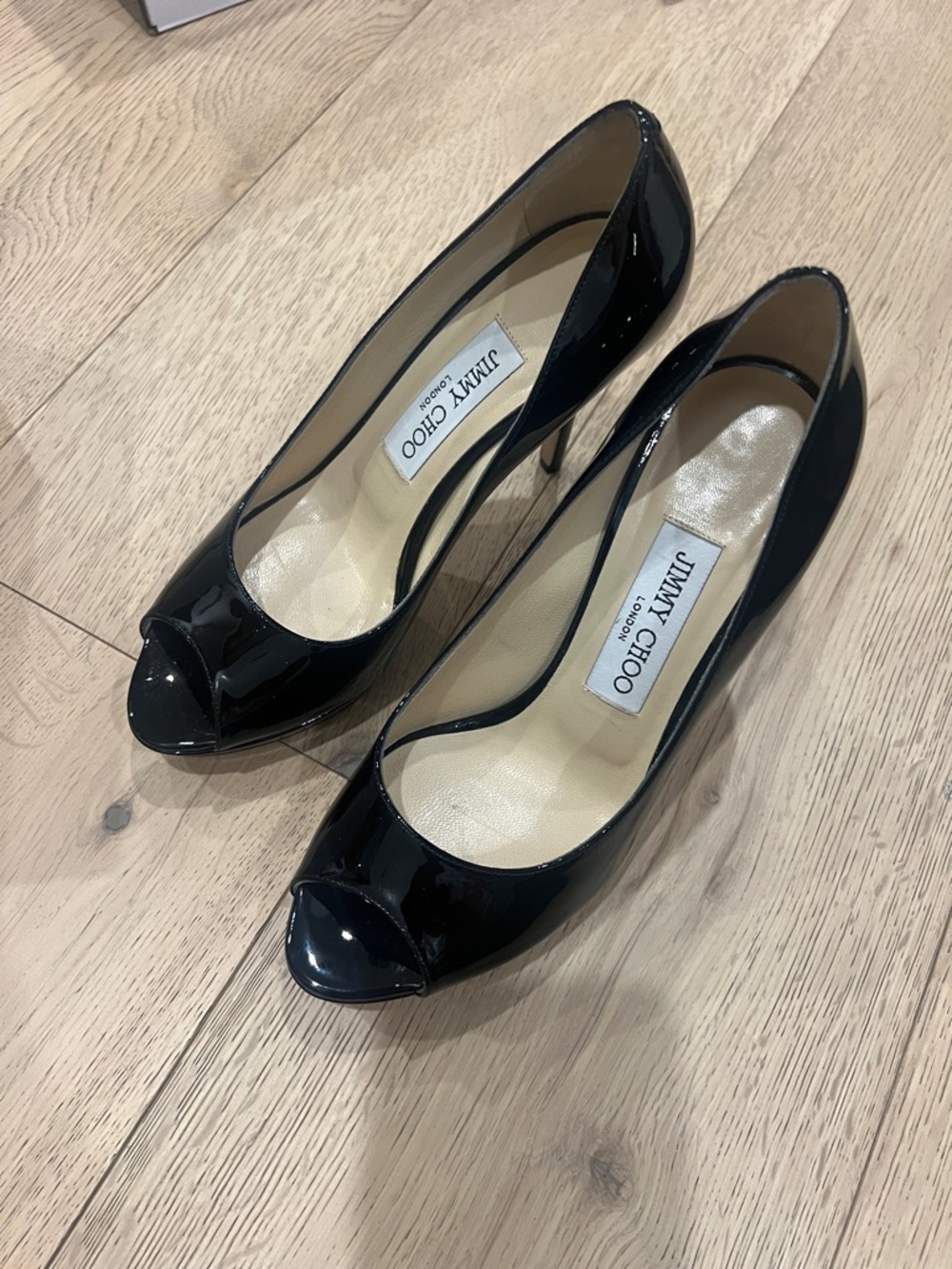 Jimmy Choo Black Patent Peep-Toe Heels